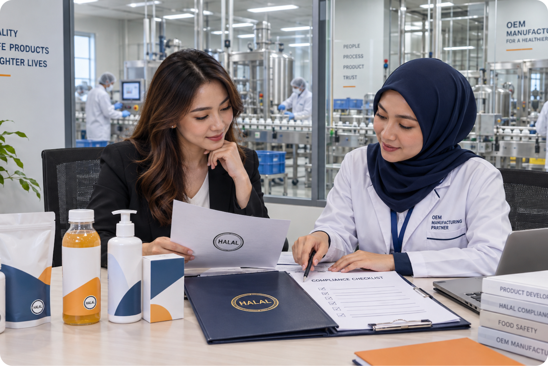 Brand owner and manufacturing specialist reviewing Halal product documentation