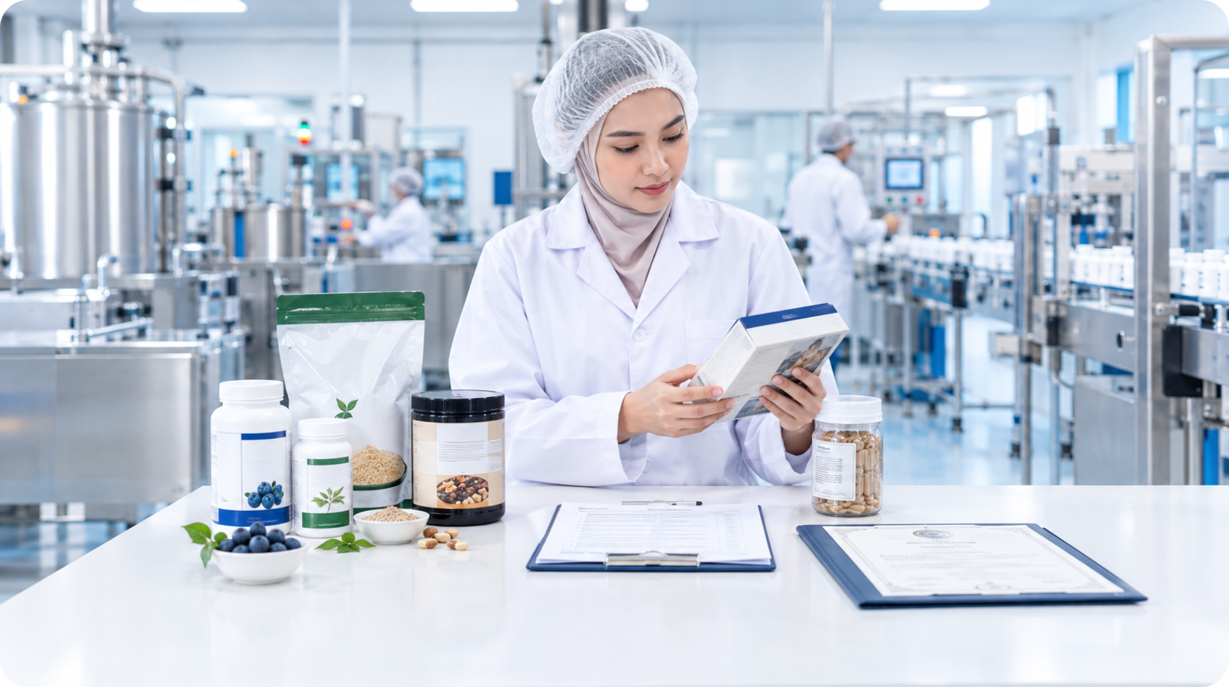 A manufacturing specialist compares a product label with certification and compliance records