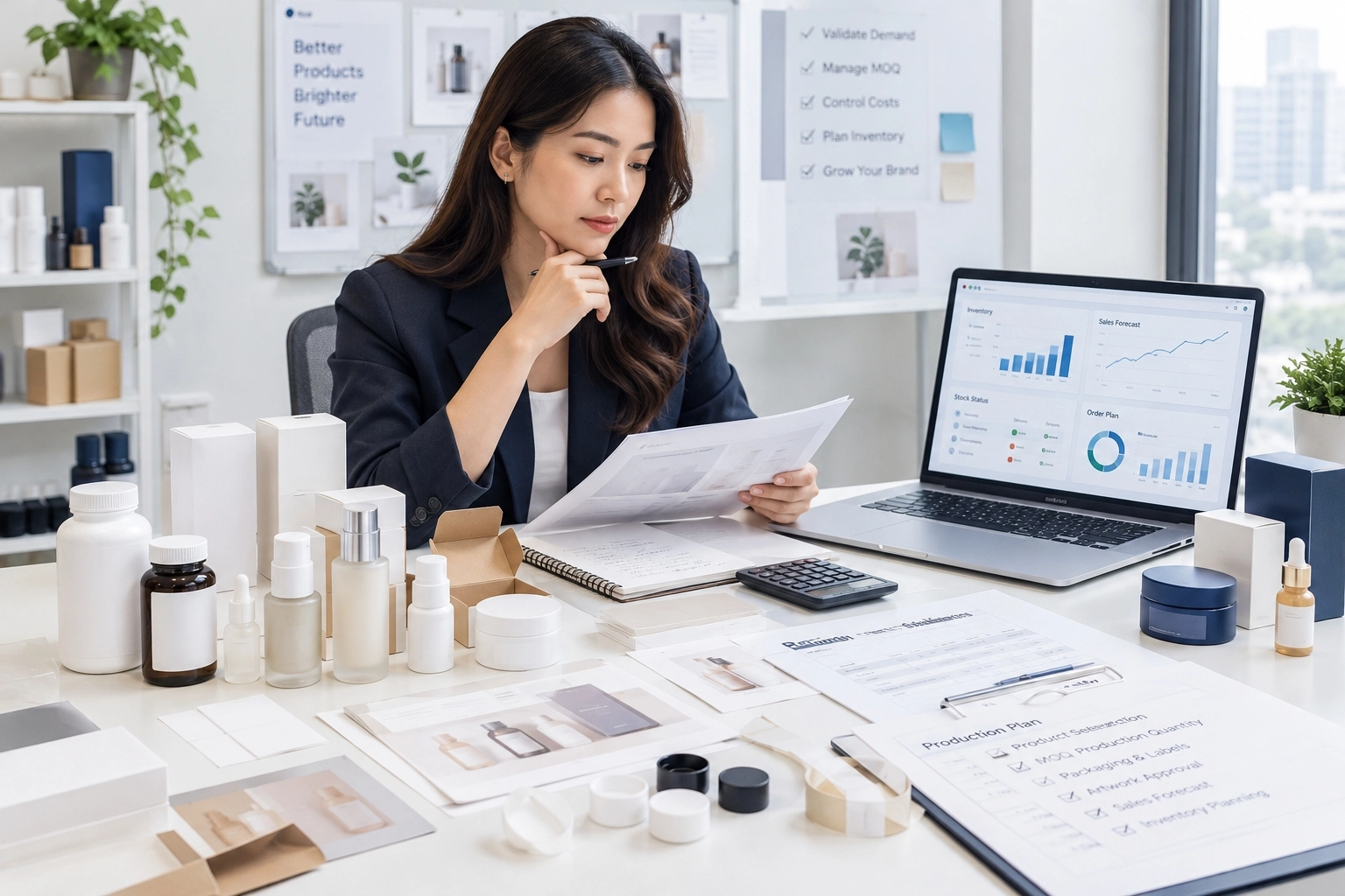 Brand owner reviewing product samples, packaging options and a manufacturing cost comparison