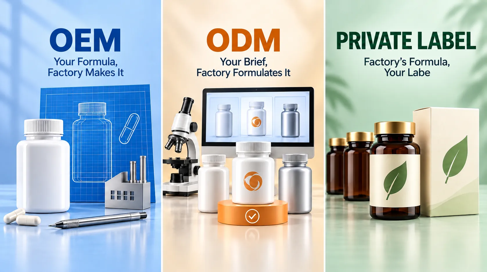 OEM, ODM and private label compared: your formula, your brief, or the factory’s formula