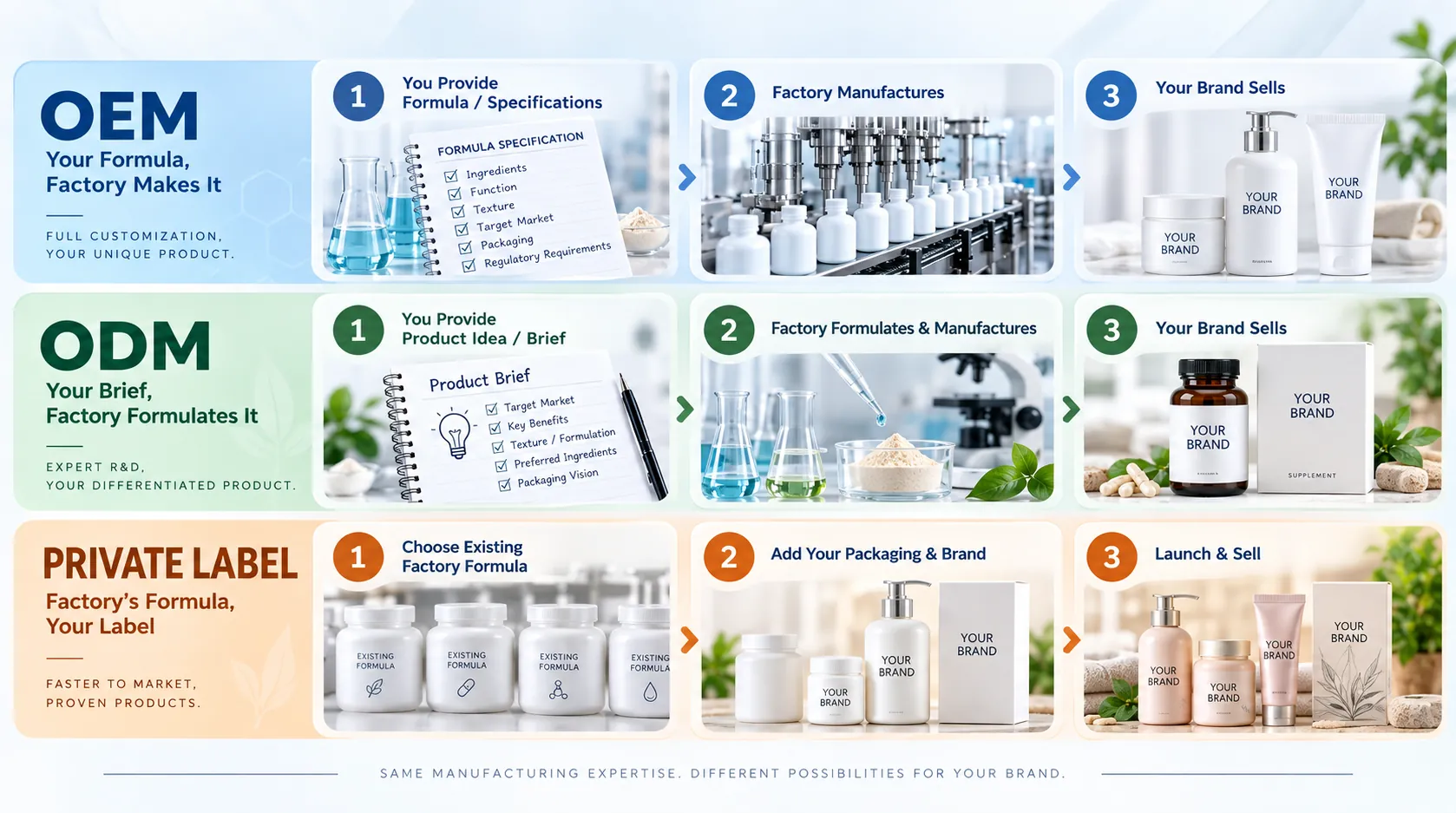 Three-step process for OEM, ODM and private label manufacturing