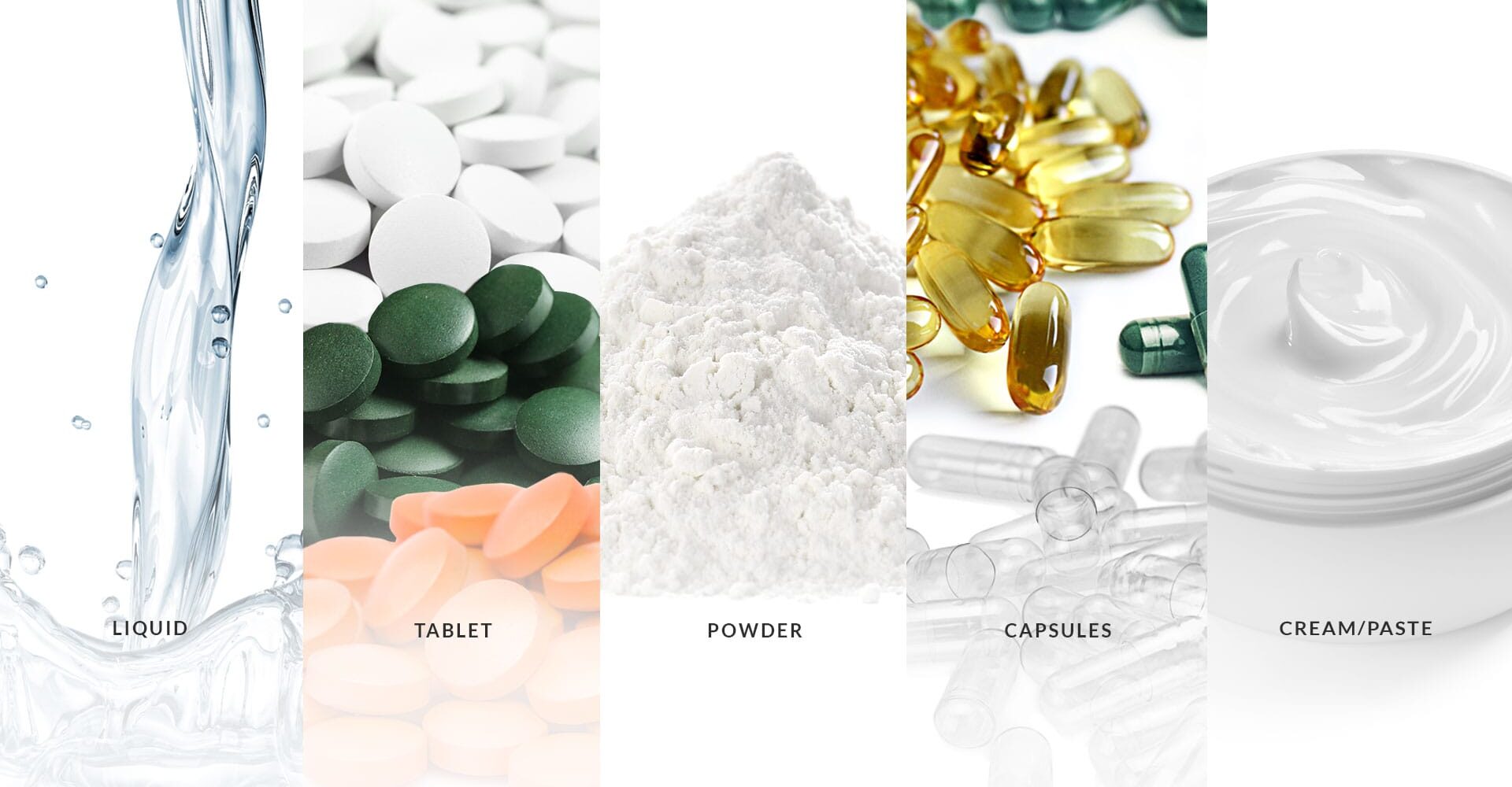 Liquid health supplement manufacturing, Tablet formulation development, Powder product OEM manufacturing, Capsule health products ODM, Cream and paste wellness products.