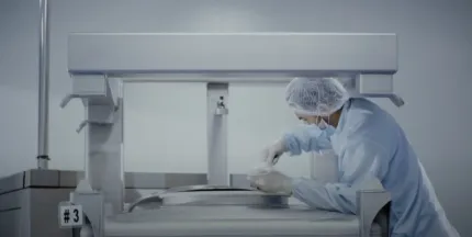 Cleanroom operator processing a product batch at Edmark Industries GMP manufacturing facility